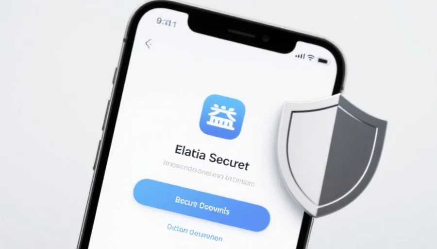 一部现代智能手机屏幕上显示长运应用的安全下载界面，旁边有安全盾牌图标，背景简洁