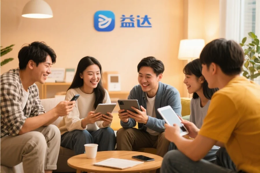 一群年轻用户围坐在一起，使用平板和手机愉快地交流，背景温馨现代，象征长运应用的社区活跃氛围